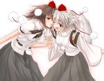  black_hair gizensha hat inubashiri_momiji ribbon shameimaru_aya short_hair tail touhou white_hair wink wolf_ears wolf_tail 