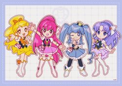  4girls aino_megumi arm_up asymmetrical_skirt back_bow black_shirt black_thighhighs black_vest blonde_hair blue_border blue_bow blue_eyes blue_hair blue_skirt blue_wrist_cuffs boots border bow bowtie bright_pupils brooch circle_skirt clenched_hand collared_vest commentary crown cure_fortune cure_honey cure_lovely cure_princess deformed determined dot_nose dotted_line earrings eyelashes feather_sleeves finger_gun floating_clothes footwear_bow frilled_skirt frilled_sleeves frilled_vest frilled_wrist_cuffs frills full_body gold_crown grey_background grid_background grin hair_between_eyes hair_bow hair_ornament hair_ribbon hand_on_own_chest happinesscharge_precure! happy heart heart_brooch heart_earrings heart_hair_ornament high_heel_boots high_heels high_ponytail highres hikawa_iona jewelry knee_boots lace-trimmed_shirt lace_trim lapels legs_apart light_blush long_hair looking_at_viewer magical_girl medium_skirt mini_crown miniskirt multiple_girls notched_lapels one_eye_closed oomori_yuuko open_mouth orange_bow orange_bowtie orange_eyes outline outside_border outstretched_arm outstretched_arms own_hands_together parted_bangs parted_lips pink_bow pink_eyes pink_hair pink_skirt pleated_skirt pleated_sleeves ponytail precure puffy_short_sleeves puffy_sleeves purple_bow purple_bowtie purple_hair purple_skirt ribbon ringlets shirayuki_hime shirt short_sleeves sidelocks signature skirt smile standing straight-on tareme teeth thigh-highs thigh_boots tsurime twintails upper_teeth_only uwded_207 v-shaped_eyebrows very_long_hair vest violet_eyes waist_bag watch watch wavy_hair white_arm_warmers white_bag white_boots white_bow white_outline white_pupils white_ribbon white_sleeves white_wrist_cuffs wrist_cuffs yellow_arm_warmers yellow_bow yellow_skirt 