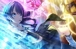  3girls asymmetrical_legwear black_necktie black_skirt black_thighhighs blue_eyes braid breasts closed_mouth collared_shirt dress_shirt earrings game_cg hair_ornament hairclip hand_on_own_neck highres hinoshita_kaho i_do_me!_(love_live!) jacket jewelry legwear_garter link!_like!_love_live! looking_at_viewer love_live! medium_breasts miniskirt mismatched_legwear mouth_hold multiple_girls murano_sayaka necktie non-web_source official_alternate_costume official_art open_clothes open_jacket osawa_rurino pleated_skirt plectrum plectrum_in_mouth shirt short-sleeved_jacket short_sleeves side_braid single_braid single_legwear_garter single_sleeve single_sock single_thighhigh skirt socks solo_focus thigh-highs v-shaped_eyebrows virtual_youtuber white_shirt white_socks x_hair_ornament 