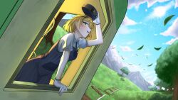 1girl absurdres black_hair blonde_hair breasts checkered_gloves clouds cloudy_sky dooby_(vtuber) gloves goggles goggles_on_headwear grass green_eyes hat highres indie_virtual_youtuber kgi_illus leaf light_blush looking_at_viewer medium_breasts mountainous_horizon multicolored_hair overalls railroad_tracks sky smile solo streaked_hair sun tail teeth thick_eyebrows train tree upper_teeth_only virtual_youtuber white_gloves white_undershirt yellow_tail 