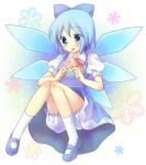  bloomers blue_hair cirno food fruit mary_janes oimo ribbon ribbons shoes short_hair snow socks touhou watermelon wings 