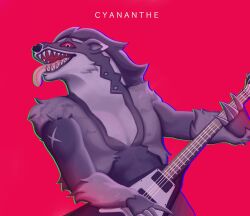 1boy animal_ears animal_nose anthro artist_request body_markings chromatic_aberration claws cyananthe electric_guitar fangs fluffy fur furry guitar highres looking_at_viewer male muscular muscular_male obstagoon playing_instrument pokemon pokemon_(creature) red_background red_sclera sharp_teeth simple_background snout solo tagme tongue tongue_out two-tone_fur two-tone_hair