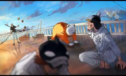  4boys bear_boy bepo_(one_piece) bird blurry blurry_foreground calling cleaning flying_sweatdrops furry furry_male hat_over_eyes highres holding holding_sword holding_weapon jumpsuit male_focus mop multiple_boys ocean one_piece penguin_(one_piece) plytometo reflective_floor seagull shachi_(one_piece) ship shirt sword trafalgar_law watercraft weapon white_jumpsuit white_shirt 