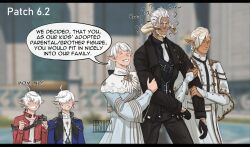  2girls 4boys :o absolem0 adoption alisaie_leveilleur alphinaud_leveilleur ameliance_leveilleur artist_name au_ra dark-skinned_male dark_skin elezen elf father_and_daughter father_and_son final_fantasy final_fantasy_xiv fourchenault_leveilleur highres husband_and_wife hyur mother_and_daughter mother_and_son multiple_boys multiple_girls pointy_ears scarf siblings twins warrior_of_light_(ff14) white_hair 