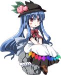 food fruit hat hinanawi_tenshi keystone leaf long_hair long_skirt nekonote peach red_eyes shimenawa sitting skirt solo touhou