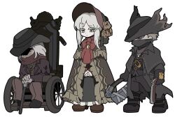  1girl 2boys ascot black_boots black_eyes black_hat black_shoes bloodborne blue_jacket bonnet boots brown_bonnet brown_boots brown_cape brown_capelet brown_pants brown_scarf cape capelet closed_mouth doll_joints full_body gehrman_the_first_hunter hat highres hunter_(bloodborne) jacket jewelry joints kekeken lapels medium_hair multiple_boys necklace notched_lapels pants plain_doll red_ascot saw saw_cleaver scarf shoes simple_background tricorne weapon wheelchair white_background white_hair 