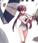  aria bare_shoulders breasts cleavage green_eyes hair_tubes long_hair mizunashi_akari one-piece one-piece_swimsuit payot pink_hair purple_hair race_queen racequeen solo swimsuit umbrella 