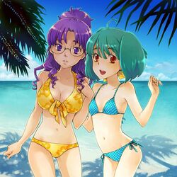  beach bikini breasts drill_hair flat_chest glasses green_hair large_breasts macross macross_frontier matsuura_nanase multiple_girls ocean ogretree palm_tree palms purple_eyes purple_hair ranka_lee red_eyes saikachi sea short_hair swimsuit tree violet_eyes 