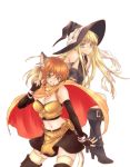  animal_ears bare_shoulders blonde_hair blue_eyes boots breasts buckle buckles cape cat_ears cat_tail cleavage elbow_gloves fantasy fingerless_gloves gloves green_eyes hat long_hair multiple_girls navel orange_hair original short_hair smile tail thigh-highs thighhighs witch witch_hat yellow_eyes zettai_ryouiki 