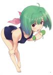  barefoot bent_over blush flat_chest green_hair highres legs macross macross_frontier one-piece one-piece_swimsuit ranka_lee red_eyes short_hair swimsuit taka_tony 