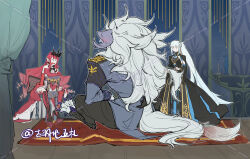  1767440833 1boy 2girls absurdres animal_ears artist_name baobhan_sith_(fate) baobhan_sith_(first_ascension)_(fate) black_dress blue_eyes blush braid comb dress fate/grand_order fate_(series) full_body furry furry_male hair_between_eyes half_up_braid high_heels highres long_hair morgan_le_fay_(fate) morgan_le_fay_(queen_of_winter)_(fate) multiple_girls pink_hair pointy_ears ponytail spikes standing suit very_long_hair white_hair woodwose_(fate) 