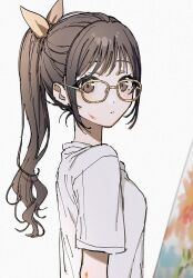  1girl bloom_festival_(project_sekai) brown_eyes canvas_(object) expressionless high_ponytail iwawa long_hair looking_at_viewer looking_to_the_side official_alternate_costume official_alternate_hair_length official_alternate_hairstyle paint_splatter paint_splatter_on_face ponytail project_sekai ribbon shinonome_ena shirt sidelocks simple_background solo swept_bangs t-shirt white_background white_shirt yellow-framed_eyewear yellow_ribbon 