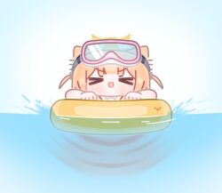  &gt;_&lt; 1girl animal_ears blue_archive blunt_bangs blush bow chibi diving_mask duck_print goggles hair_bow halo highres horuhara mari_(blue_archive) motion_blur no_nose open_mouth orange_hair smile solo swimming two_side_up v-shaped_eyebrows water yellow_halo yellow_innertube 