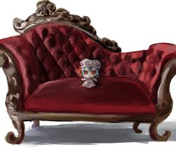  blue_hair closed_mouth fumo_(doll) hair_between_eyes haniwa_kue hat highres light_smile looking_at_viewer pink_hat pink_shirt pink_skirt red_couch red_eyes remilia_scarlet shirt simple_background skirt solo touhou white_background 