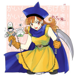  1girl 2boys :d alena_(dq4) balding beard black_leggings blue_cape blue_hair blue_hat blunt_bangs blunt_ends border brey cape clift commentary_request cowboy_shot curly_hair dragon_quest dragon_quest_iv earrings facial_hair fukusuu_(zeonms_06s) gem gloves green_gemstone hat highres holding holding_sickle holding_weapon jewelry kusarigama leggings long_hair looking_at_object mitre multiple_boys old old_man open_mouth orange_eyes orange_gloves orange_hair partial_commentary pink_background sickle smile speech_bubble sphere_earrings spoken_squiggle squiggle translation_request tunic weapon white_border white_facial_hair yellow_tunic 