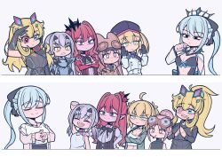  6+girls artoria_caster_(fate) artoria_pendragon_(fate) baobhan_sith_(fate) baobhan_sith_(first_ascension)_(fate) barghest_(fate) barghest_(second_ascension)_(fate) black_bow black_dress black_gloves black_tiara blonde_hair blue_eyes blush bow braid closed_eyes dress earrings fate/grand_order fate_(series) gloves green_eyes grey_eyes habetrot_(fate) hair_between_eyes hair_bow half_up_braid hat jewelry long_hair lrl23wznet74220 melusine_(fate) melusine_(first_ascension)_(fate) morgan_le_fay_(fate) morgan_le_fay_(third_ascension)_(fate) multiple_girls open_mouth pink_hair pointy_ears ponytail simple_background smile spikes tiara very_long_hair white_hair 