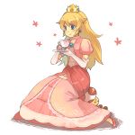  blue_eyes crown cup dress elbow_gloves gloves hanokage hat human_chair human_furniture nintendo plate princess_peach sitting sitting_on_person super_mario_bros. teacup toad 