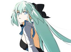  1girl black_bow blue_eyes bow chietori fate/grand_order fate_(series) hair_between_eyes hair_bow highres long_hair looking_at_viewer morgan_le_fay_(fate) morgan_le_fay_(first_ascension)_(fate) ponytail simple_background solo very_long_hair white_background white_hair 