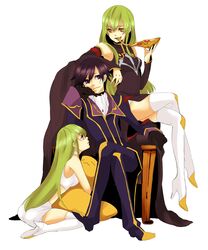  boots brown_eyes c.c. cc cheese-kun code_geass crossed_legs detached_sleeves dual_persona eating food green_hair high_heels highres kneeling lelouch_lamperouge long_hair male pizza pizza_hut purple_eyes shoes short_hair sitting thigh-highs thigh_boots thighhighs throne time_paradox todoroki_sora todorokisora violet_eyes 