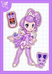  1girl boots border bow brooch cellphone choker clenched_hand cure_sword curly_hair davi_(dokidoki!_precure) deformed determined dokidoki!_precure dot_nose dotted_line dress earrings feather_sleeves full_body furrowed_brow grid_background hair_ornament hair_tie hairclip heart heart_brooch high_heel_boots high_heels high_side_ponytail highres jewelry kenzaki_makoto loose_hair_strand magical_girl medium_hair open_mouth outline petticoat phone ponytail precure purple_arm_warmers purple_background purple_boots purple_border purple_bow purple_choker purple_dress purple_hair short_dress short_ponytail short_sleeves signature smartphone spade_(shape) spade_earrings standing stiletto_heels swept_bangs tareme thigh_boots uwded_207 violet_eyes waist_bow white_background white_outline white_sleeves 