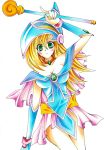  ayuko_(pixiv123797) bad_id bare_shoulders blonde_hair blush cape dark_magician_girl detached_sleeves green_eyes hat long_hair marker_(medium) pentacle skirt staff traditional_media wand witch_hat wizard_hat yu-gi-oh! yuu-gi-ou yuu-gi-ou_duel_monsters 