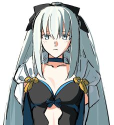  1girl black_bow blue_eyes bow chietori fate/grand_order fate_(series) hair_between_eyes hair_bow highres long_hair looking_at_viewer morgan_le_fay_(fate) morgan_le_fay_(second_ascension)_(fate) ponytail solo very_long_hair white_background white_hair 