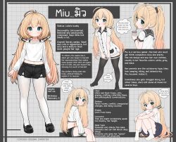  1girl alternate_language blonde_hair comodox english_text highres long_hair low_twintails miu_(comodox) multiple_views original pantyhose reference_sheet shorts thigh-highs twintails 