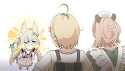  3girls absurdres ahoge animal_ears blonde_hair blue_eyes blue_hair blue_overalls brown_hair buruhas cat_ears closed_mouth dooby_(vtuber) dress fang fins fireworks fish_girl fish_tail green_dress highres holding holding_fireworks indie_virtual_youtuber long_hair looking_at_viewer low_twintails multicolored_hair multiple_girls nimi_nightmare one_eye_closed overalls sameko_saba shirt short_hair sleeveless sleeveless_dress smile smug sparkler streaked_hair tail tapir_ears tapir_girl twintails very_long_hair virtual_youtuber white_dress white_shirt 