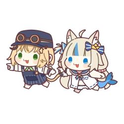  2girls ahoge animal_ear_fluff animal_ears blonde_hair blue_eyes blue_hair blue_overalls cat_ears chibi dooby_(vtuber) dress fins fish_girl fish_tail gloves goggles green_eyes hat indie_virtual_youtuber long_hair mouse_ears mouse_girl multicolored_hair multiple_girls overalls sameko_saba short_hair streaked_hair tail takeru_(hashiru11275) very_long_hair virtual_youtuber white_background white_dress white_gloves 