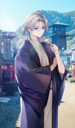  1boy bishounen closed_mouth commentary_request cowboy_shot dango day fate/grand_order fate_(series) food game_cg grey_hair grey_kimono hair_between_eyes hand_up haori holding holding_food hou_(ppo) japanese_clothes kimono long_sleeves low_ponytail male_focus official_alternate_costume official_art outdoors photo_background ponytail prince_of_lan_ling_(fate) sanshoku_dango short_hair short_ponytail smile solo third-party_source violet_eyes wagashi wide_sleeves 