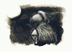  1boy armor black_sky black_souls black_souls_2 cape coat full_moon fur_coat grey_cape grimm_(black_souls) looking_back male_focus moon sadleyn simple_background sky solo white_background 