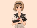  blush bob_cut brown_eyes brown_hair bullpup gun gunslinger_girl hairband henrietta hentai_(1985) hentai_(pixiv4694) p90 school_uniform serafuku short_hair weapon 