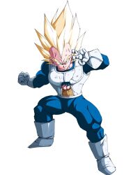  1boy armor blonde_hair blue_bodysuit bodysuit boots dragon_ball dragon_ball_z gloves male_focus muscular muscular_male neophyte_illust saiyan_armor simple_background solo spiky_hair super_saiyan super_saiyan_1 vegeta white_armor white_background white_boots white_gloves 