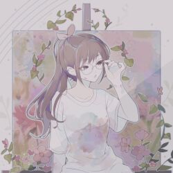  1girl absurdres adjusting_eyewear arm_at_side bespectacled bloom_festival_(project_sekai) bow breasts brown_eyes brown_hair canvas_(object) collarbone commentary facing_viewer flower glasses hair_bow hand_up high_ponytail highres long_hair looking_to_the_side medium_breasts official_alternate_costume official_alternate_hair_length official_alternate_hairstyle oogypng paint_splatter paint_splatter_on_face parted_lips pink_flower plant ponytail project_sekai round_eyewear shinonome_ena shirt short_sleeves sidelocks solo swept_bangs symbol-only_commentary upper_body white_shirt wide_sleeves 