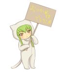  animal_ears c.c. cat_costume cat_ears cat_tail catsuit cc code_geass green_hair mizunomoto sign tail translated yellow_eyes young 
