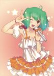  blush dress fang frills green_hair highres macross macross_frontier microphone orange_dress ranka_lee red_eyes seikan_hikou short_hair sparkle star taka_tony wink 