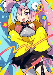  1girl anidler91 blue_hair bow-shaped_hair breasts character_hair_ornament fake_hair_bun grey_pantyhose hair_ornament halter_shirt halterneck hexagon_print highres iono_(pokemon) jacket long_hair medium_breasts multicolored_hair one_eye_closed open_mouth pantyhose pink_hair pokemon pokemon_sv sharp_teeth single_leg_pantyhose sleeves_past_fingers sleeves_past_wrists smile solo split-color_hair teeth twintails very_long_sleeves x yellow_jacket 