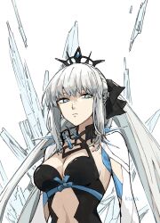  1girl black_bow black_dress black_tiara blue_eyes bow braid dress fate/grand_order fate_(series) hair_between_eyes hair_bow half_up_braid highres ki_wa001 long_hair long_sleeves looking_at_viewer morgan_le_fay_(fate) morgan_le_fay_(third_ascension)_(fate) ponytail simple_background solo spikes tiara white_hair wide_sleeves 