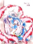 blue_hair hand_holding hat hinanawi_tenshi holding_hands kiss multiple_girls myama nagae_iku purple_hair touhou yuri 