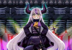 1girl 6+boys arms_up braid coat commentary_request demon_girl demon_horns grey_hair grin hololive horns kamen_rider kamen_rider_(1st_series) la+_darknesss la+_darknesss_(1st_costume) long_hair makishima_rin mask multiple_boys pointy_ears purple_coat purple_hair shocker_combatant sleeves_past_wrists smile striped_horns very_long_hair virtual_youtuber yellow_eyes