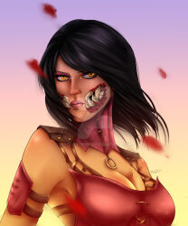1girl black_pants deviantart_logo female female_focus leaves mileena mileena_(mortal_kombat) mortal_kombat mortal_kombat_x msdeath666 sharp_teeth simple_background teeth watermark yellow_eyes