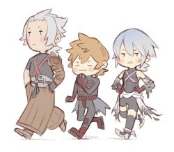  &gt;:) 1girl 2boys :3 aqua_(kingdom_hearts) armor asymmetrical_armor belt bike_shorts black_belt black_shirt black_thighhighs blackpaopu blonde_hair blue_hair blush_stickers boots brown_hakama brown_pants brown_shoes chibi chibi_only closed_eyes commentary dark_persona detached_sleeves elbow_gloves english_commentary expressionless full_body gloves grey_hair grey_shoes hair_slicked_back hakama hand_on_own_chin hands_in_pockets high_heels japanese_clothes kingdom_hearts kingdom_hearts_birth_by_sleep kingdom_hearts_iii knee_boots looking_to_the_side medium_hair multiple_boys pants parted_lips red_belt red_boots shadow shirt shoes short_hair shoulder_armor shoulder_strap signature terra-xehanort thigh-highs torn_clothes v-shaped_eyebrows ventus-vanitas waist_cape walking white_background 