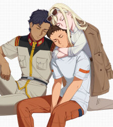  1girl 2boys blonde_hair brown_coat brown_pants buttons closed_eyes closed_mouth coat dark-skinned_male dark_skin enelous epaulettes eyewear_on_head gigi_andalusia glasses gundam gundam_hathaway's_flash hathaway_noa highres hug kenneth_sleg long_sleeves military_uniform multiple_boys orange_pants pants shirt sunglasses white_background white_shirt 