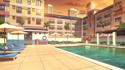  apartment balcony caustics chair floodlights highres lifebuoy light_reflection_(water) lounge_chair non-web_source official_art our_life our_life:_beginnings_and_always outdoors palm_tree pool pool_ladder pool_noodle sunset swim_ring tile_floor tiles tree umbrella variant_set window 