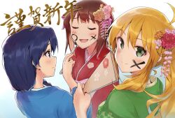  3girls ahoge amami_haruka blonde_hair blue_hair blue_kimono blush brown_hair calligraphy_brush closed_eyes closed_mouth drawing_on_another&#039;s_face facepaint flower green_eyes green_kimono hagoita hair_flower hair_ornament hanetsuki highres holding holding_calligraphy_brush holding_paddle holding_paintbrush hoshii_miki idolmaster idolmaster_(classic) japanese_clothes kimono kisaragi_chihaya long_hair looking_at_another looking_at_viewer multiple_girls open_mouth paddle paintbrush ponytail red_kimono short_hair shuucream_(syuichi) simple_background smile translation_request white_background 