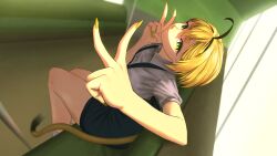  1girl absurdres ahoge blonde_hair blue_overalls breasts dooby_(vtuber) double_v green_eyes green_nails hair_ornament highres indie_virtual_youtuber kgi_illus light_smile looking_at_viewer medium_breasts multicolored_hair multicolored_nails nail_polish overalls shirt short_sleeves sitting smile socks solo solo_focus streaked_hair tail thick_eyebrows thighs train_interior v virtual_youtuber white_shirt white_socks yellow_nails yellow_tail 