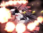  firing game_cg gun handgun japanese_clothes kuonji_rin long_hair miko muzzle_flash pistol shell_casing shell_casings weapon 