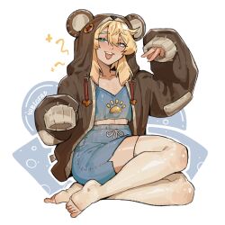 1girl alohapz animal_hood artist_name bear_hood blonde_hair blue_eyes blue_shirt blue_shorts blush bridget_(guilty_gear) brown_hoodie button_eyes buttons collarbone crop_top drawstring female_focus guilty_gear guilty_gear_strive highres hood hoodie midriff open_mouth pajamas shirt shorts solo thick_thighs thigh-highs thighs toeless_legwear toeless_socks v white_thighhighs