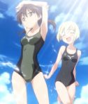  armpits blonde_hair brown_eyes brown_hair cap closed_eyes cloud clouds erica_hartmann error gertrud_barkhorn multiple_girls one-piece one-piece_swimsuit screencap short_hair sky smile strike_witches swimsuit twintails 