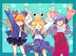  :d \o/ arms_up closed_eyes crossover hanyuu happy hat higurashi_no_naku_koro_ni kanon moriya_suwako multiple_girls open_mouth outstretched_arms sawatari_makoto shinia smile touhou 